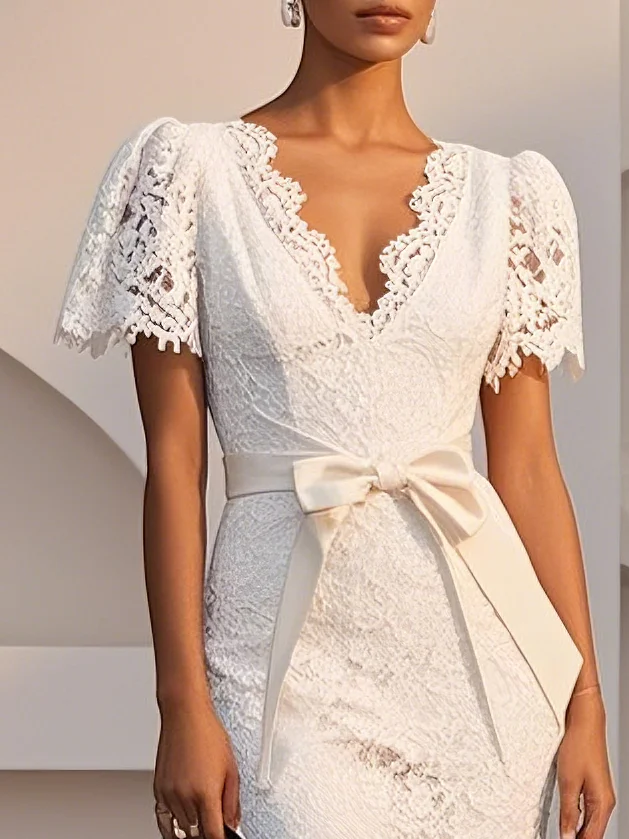 White Bow Lace V Neck Short Sleeve Sheath Midi Dress