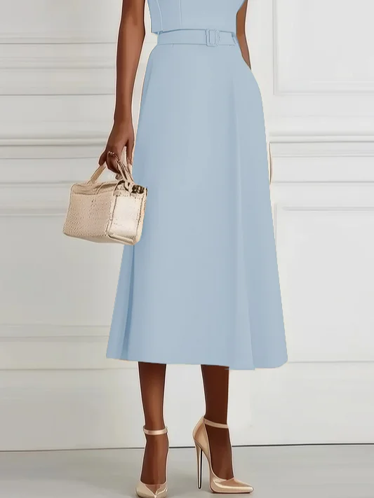 Light Blue Classic Boat Neck Sleeveless A-Line Midi Dress