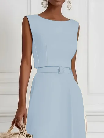 Light Blue Classic Boat Neck Sleeveless A-Line Midi Dress