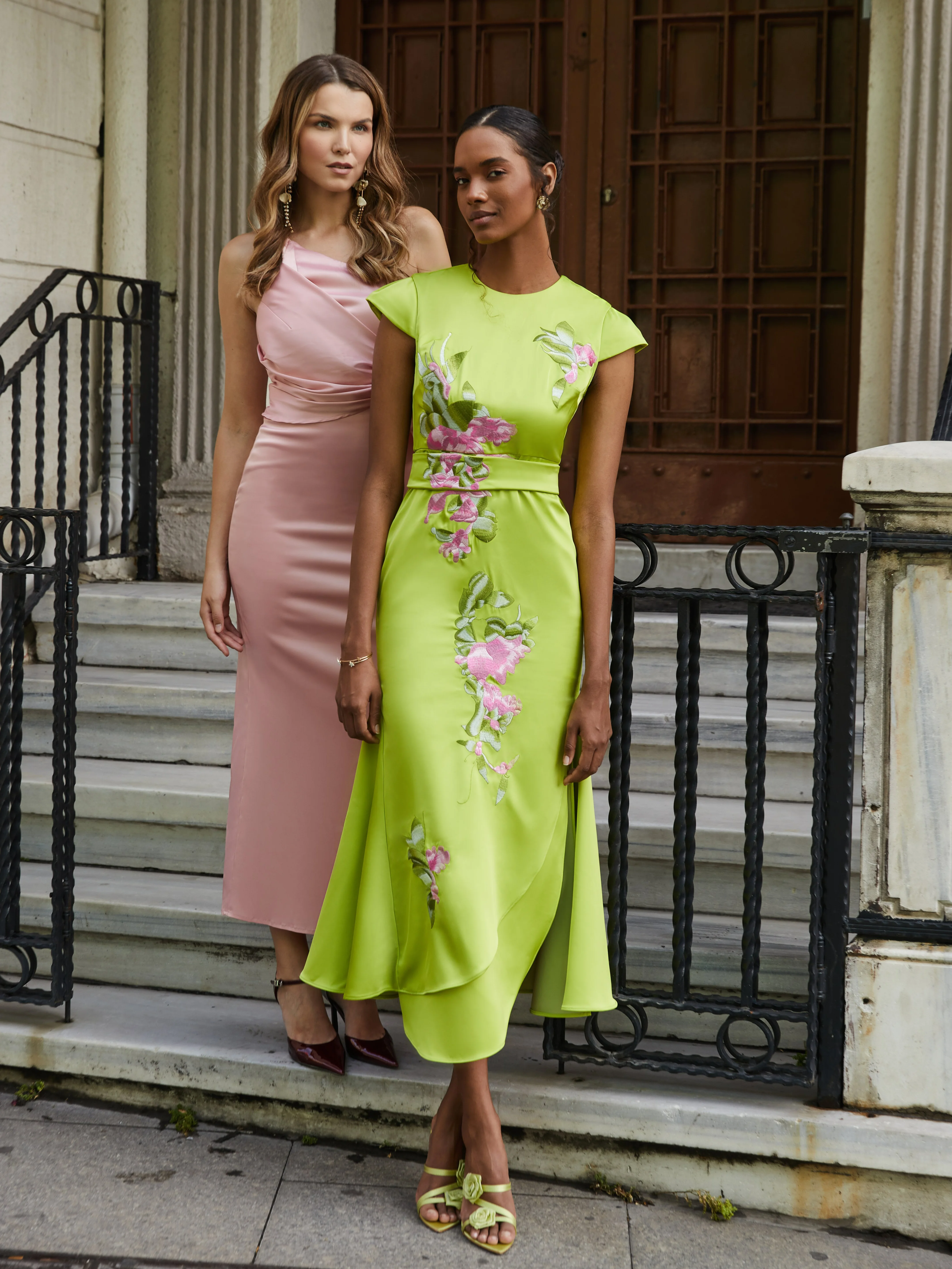 Green Floral Embroidered Cap Sleeve Slit Sheath  Maxi Dress