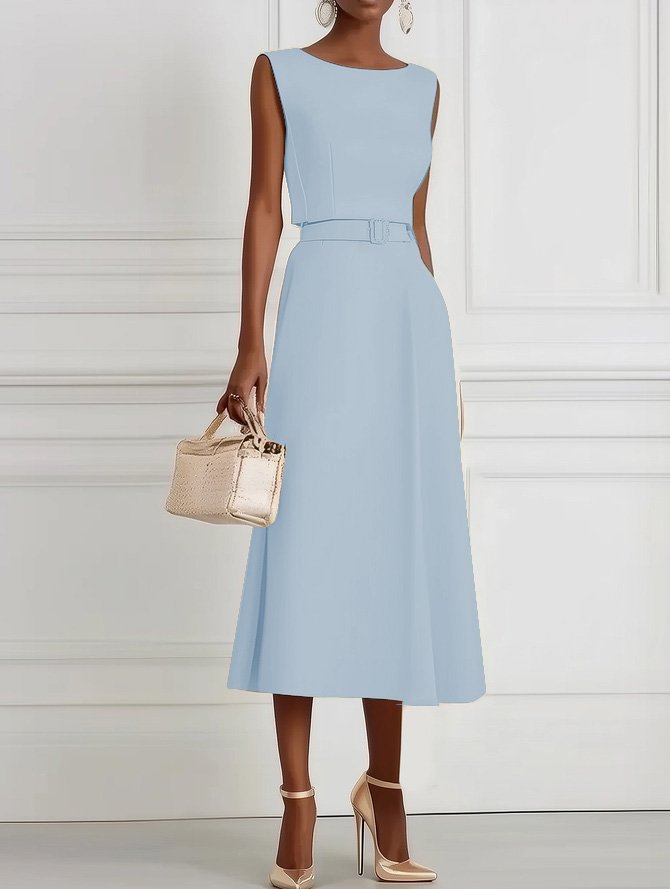 Light Blue Classic Boat Neck Sleeveless A-Line Midi Dress