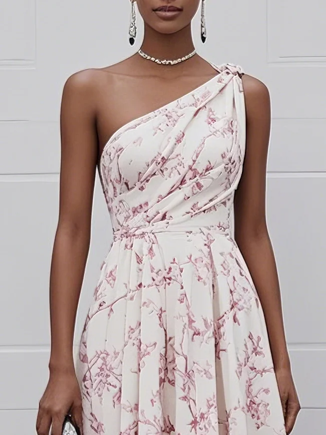 Pink One Shoulder Floral Sleeveless A-Line Midi Dress