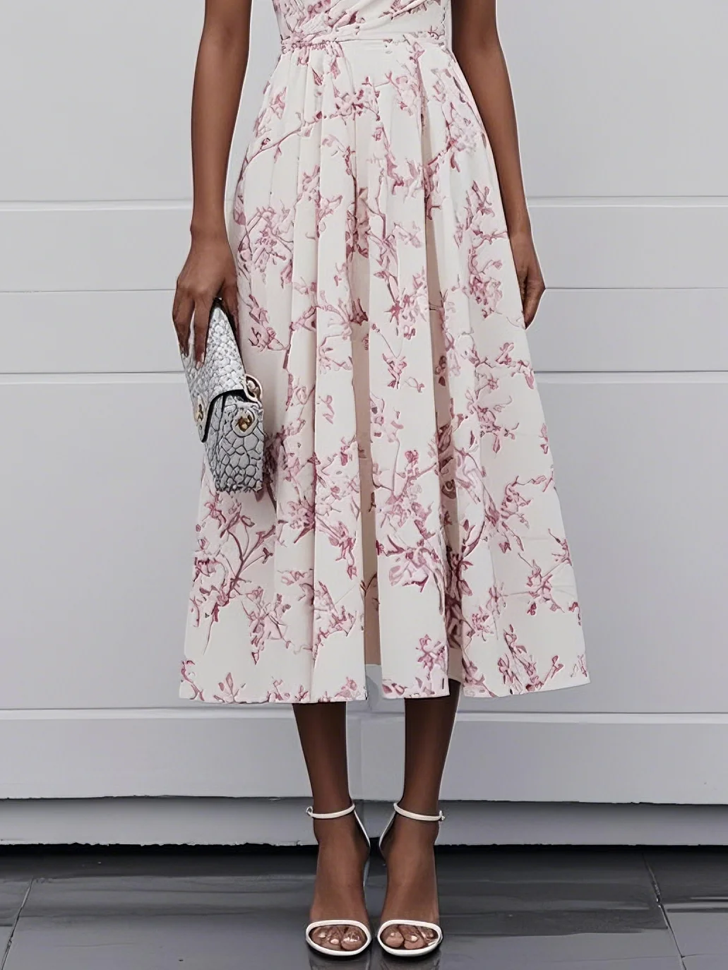 Pink One Shoulder Floral Sleeveless A-Line Midi Dress