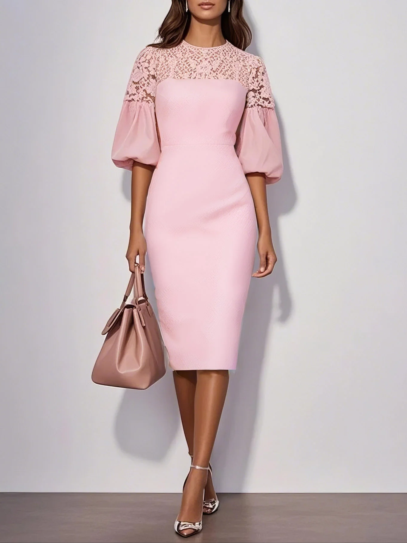 Pink Lace Classic Crew Neck Short Sleeve Balloon Sleeve Sheath Midi Dress
