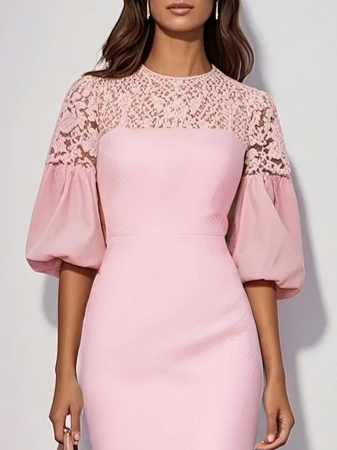 Pink Lace Classic Crew Neck Short Sleeve Balloon Sleeve Sheath Midi Dress