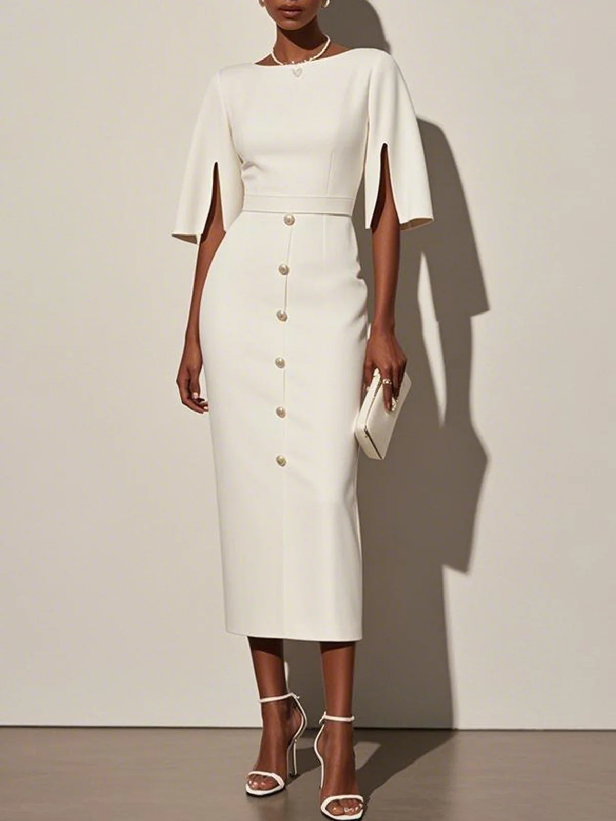 White Buckle Classic Crew Neck Short Sleeve Sheath Midi Dress