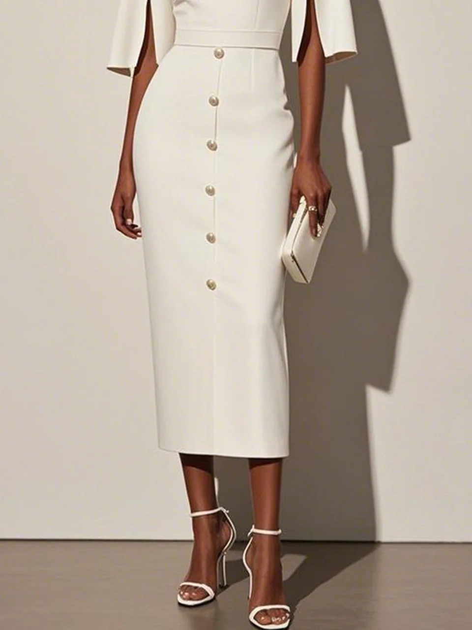 White Buckle Classic Crew Neck Short Sleeve Sheath Midi Dress