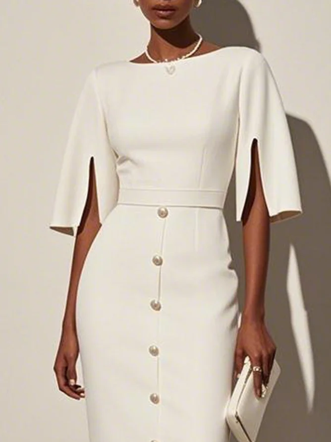 White Buckle Classic Crew Neck Short Sleeve Sheath Midi Dress