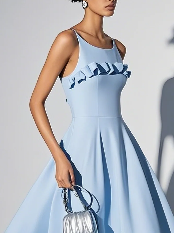 Light Blue Peplum Classic Spaghetti Gallus A-Line Midi Dress