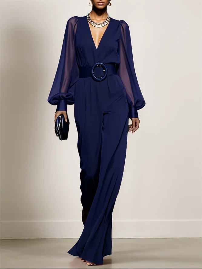 Dark Blue Mesh V Neck Balloon Sleeve Chiffon Wide-Leg Jumpsuit