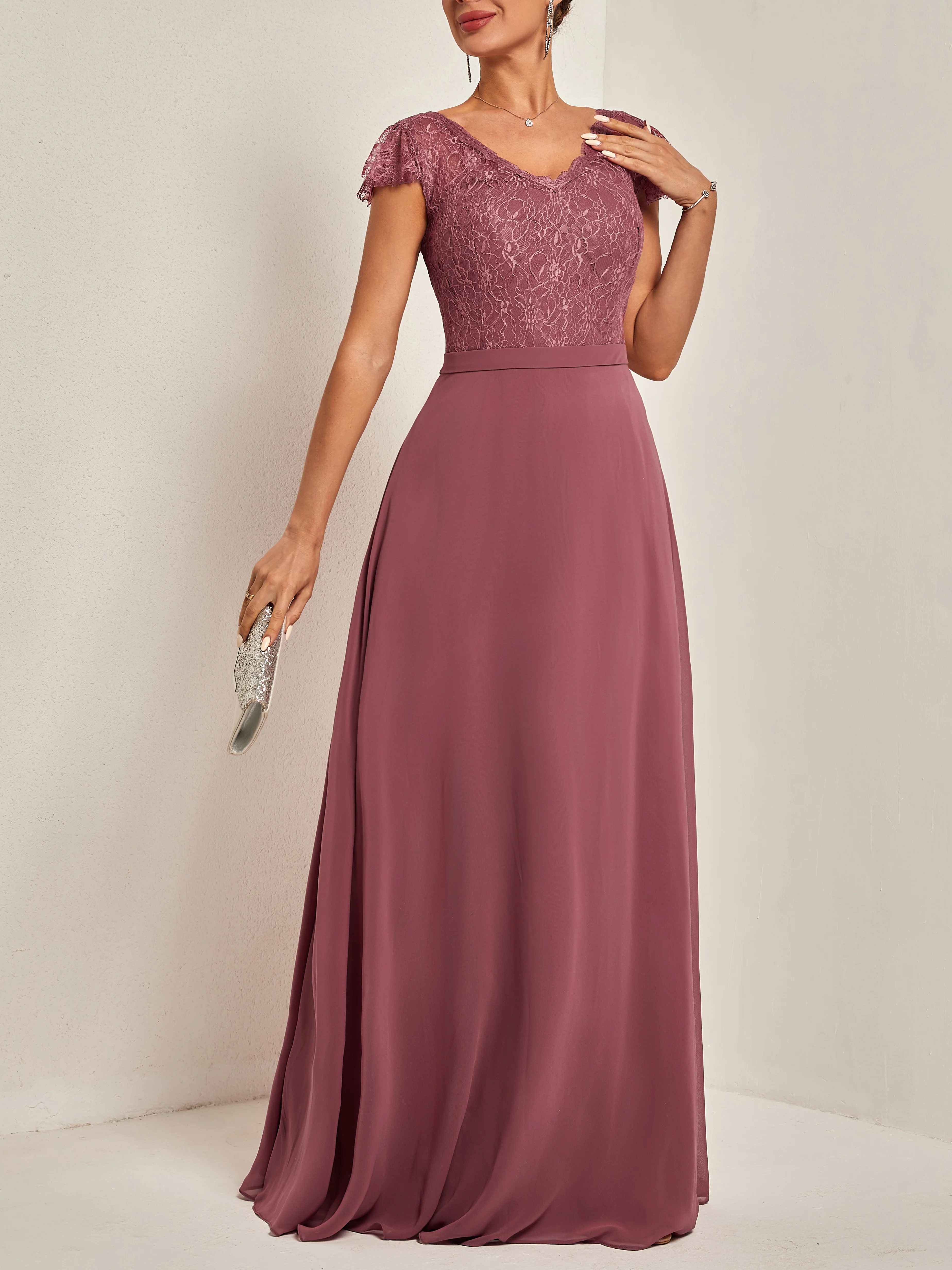 Watermelon Red Lace V Neck Short Sleeve A-Line Maxi Dress