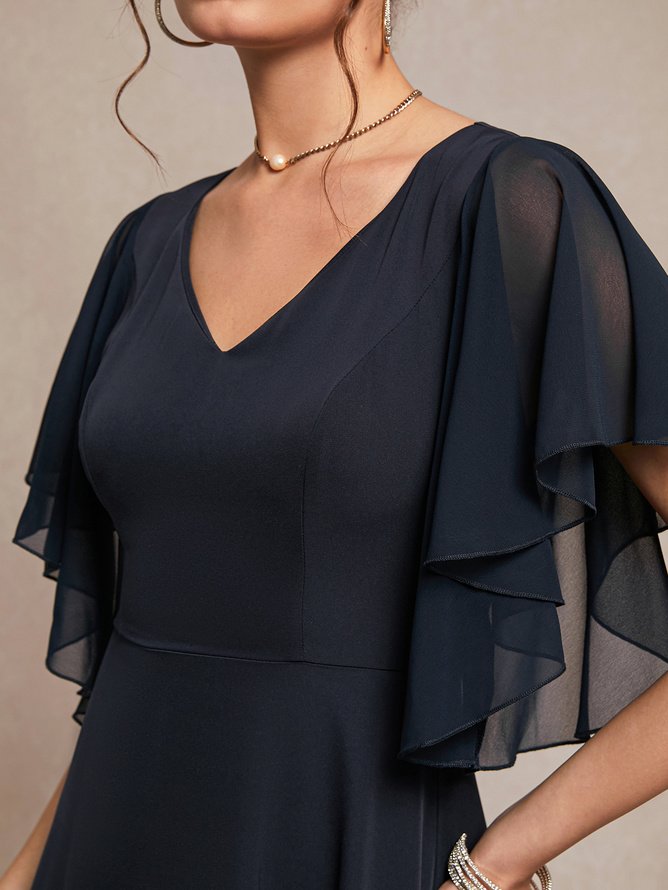 Purplish blue Chiffon V Neck Short Sleeve Bell Sleeve A-Line Midi Dress