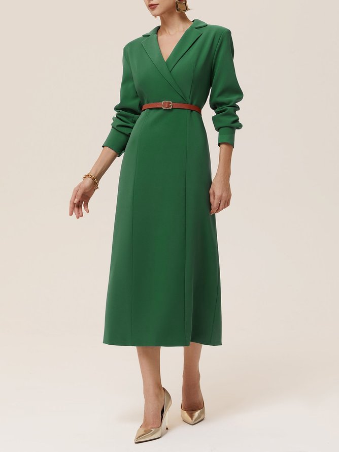 Green Lapel Collar Long Sleeve H-Line Shirt Midi Dress