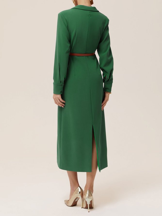 Green Lapel Collar Long Sleeve H-Line Shirt Midi Dress