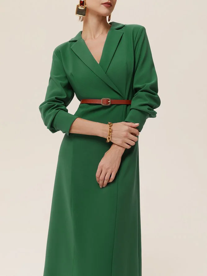 Green Lapel Collar Long Sleeve H-Line Shirt Midi Dress