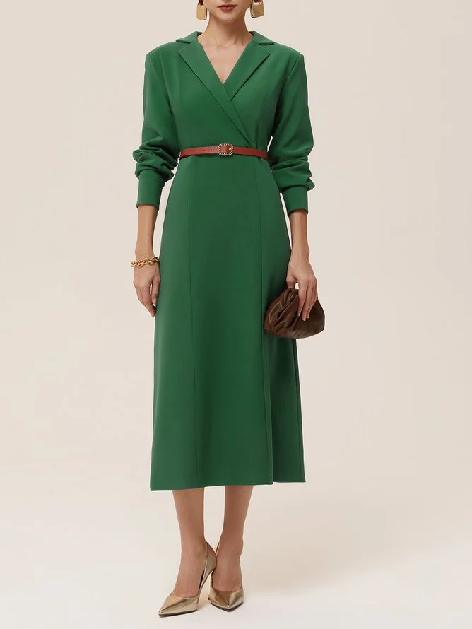 Green Lapel Collar Long Sleeve H-Line Shirt Midi Dress