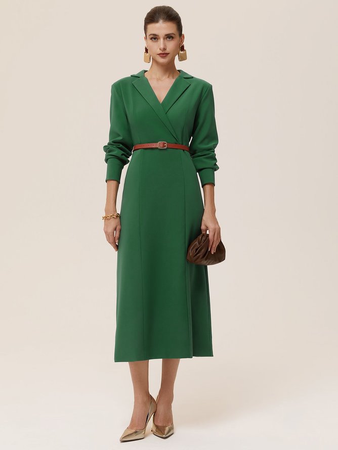 Green Lapel Collar Long Sleeve H-Line Shirt Midi Dress
