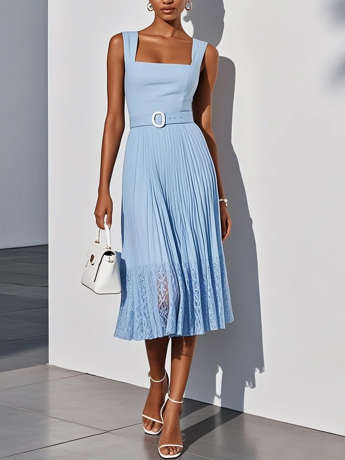 Light Blue Pleated Classic Square Neck Sleeveless A-Line Midi Dress