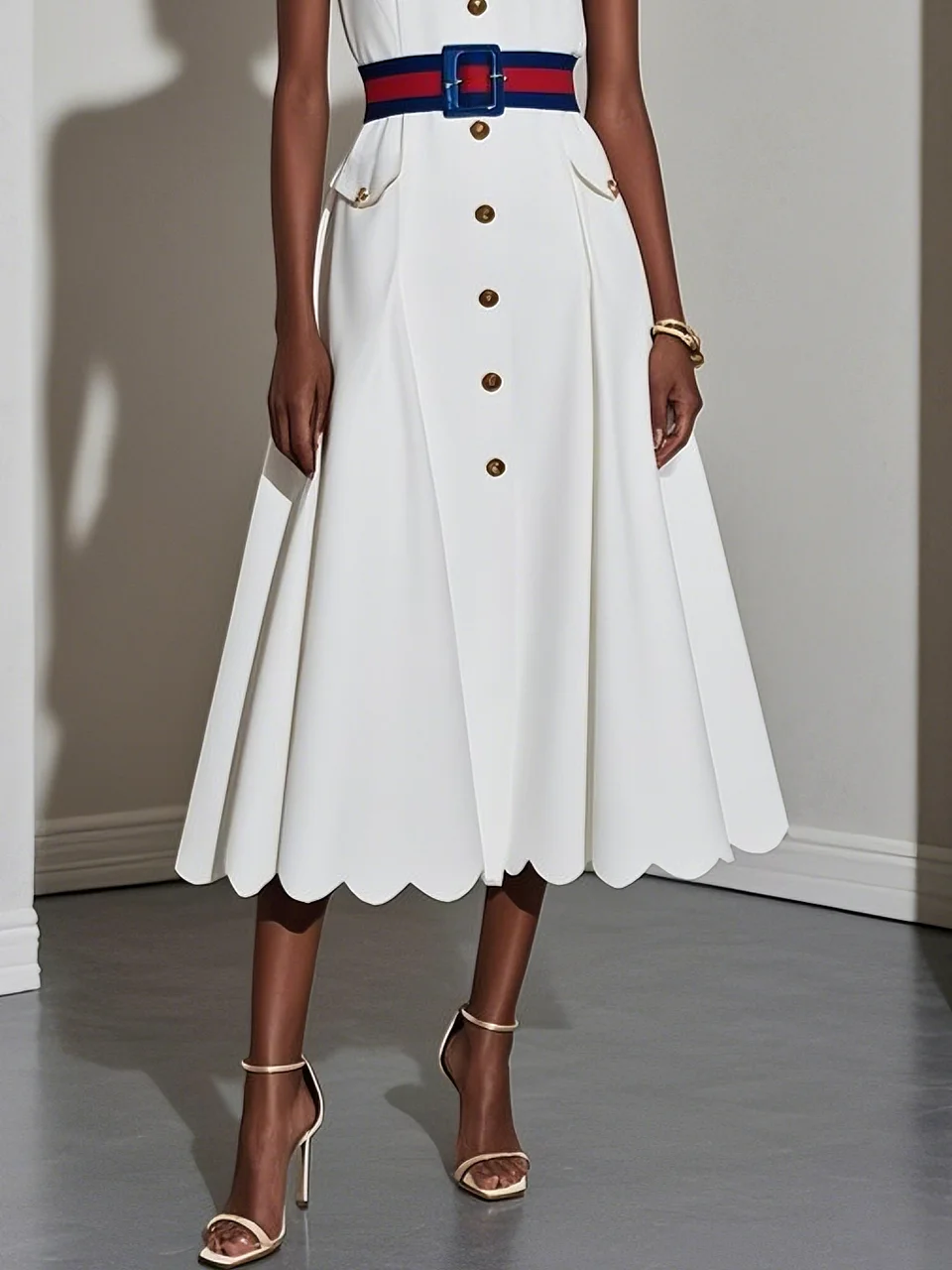White Buckle Classic Crew Neck Sleeveless A-Line Midi Dress