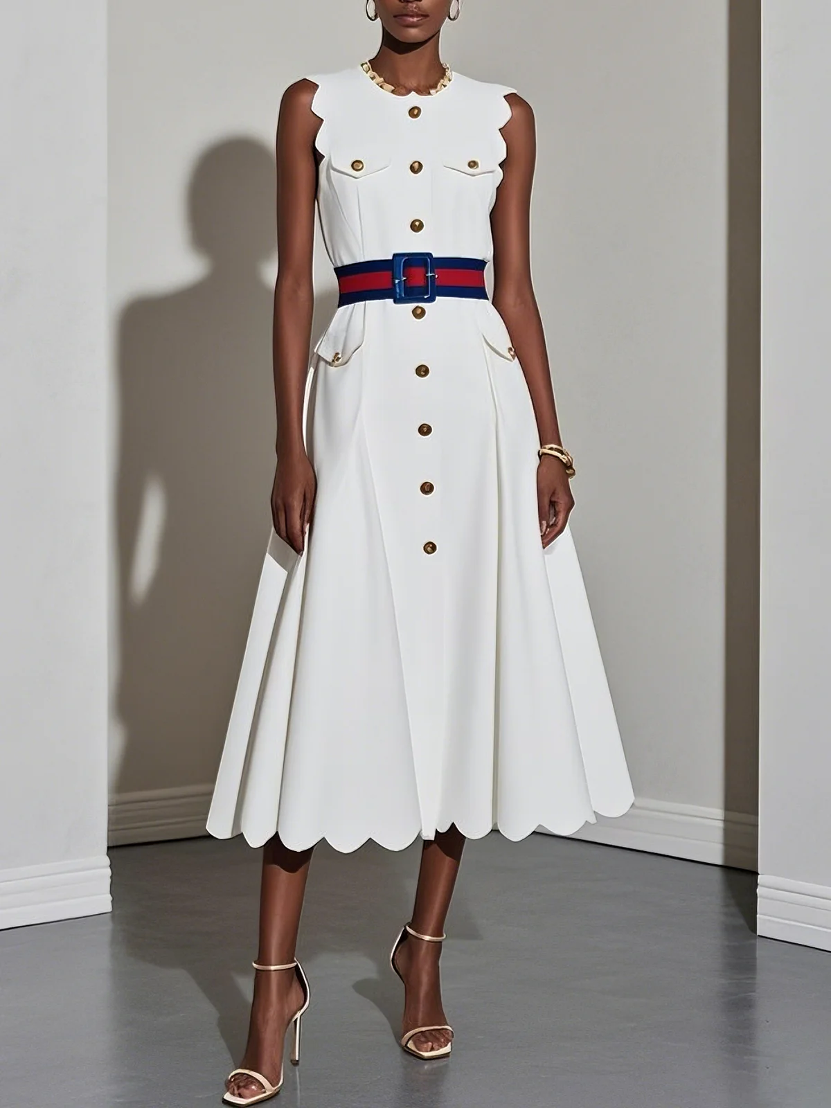 White Buckle Classic Crew Neck Sleeveless A-Line Midi Dress