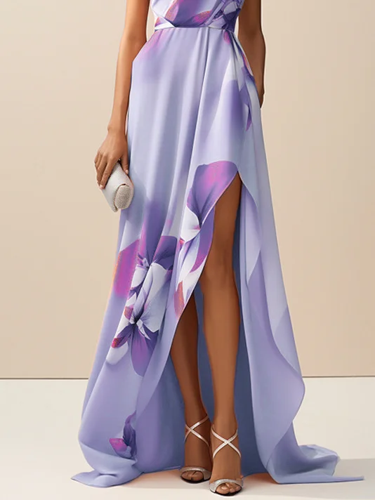 Lavender Purple Asymmetric Printing Classic One Shoulder Sleeveless A-Line Maxi Dress