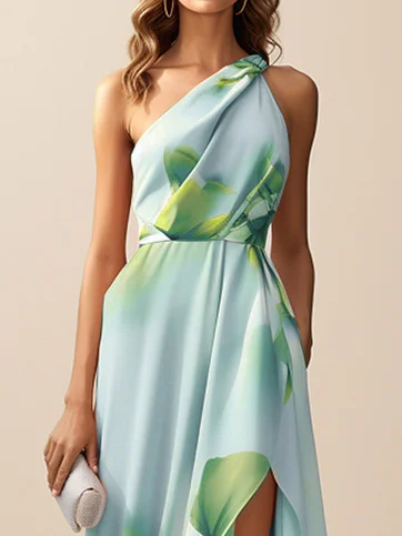 Light Blue Asymmetric Floral Classic One Shoulder Sleeveless A-Line Maxi Dress