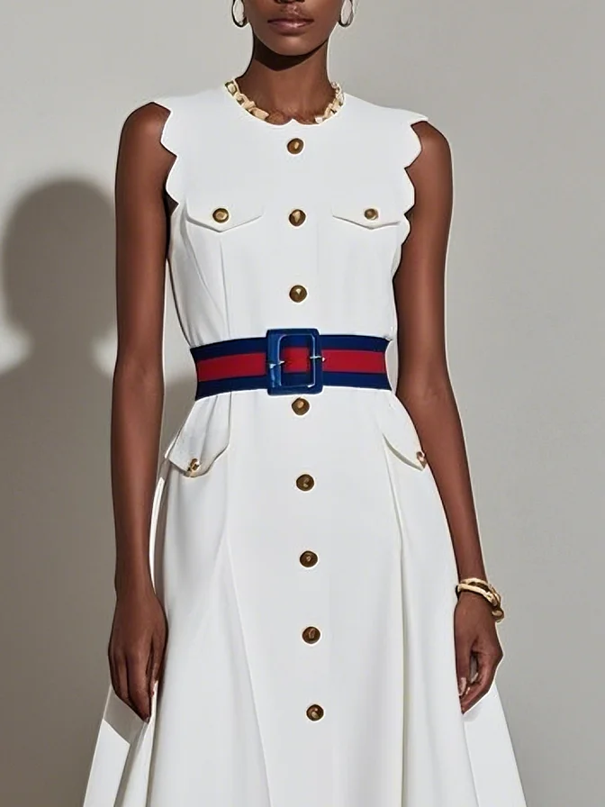 White Buckle Classic Crew Neck Sleeveless A-Line Midi Dress