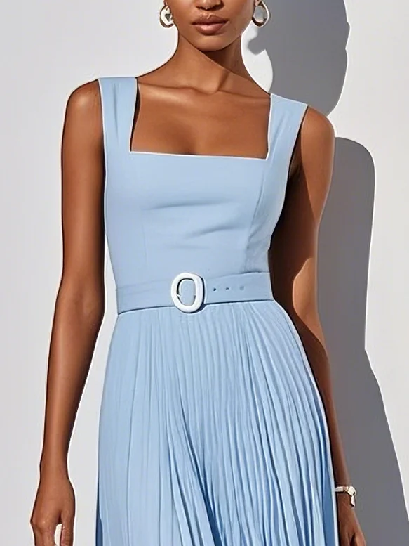 Light Blue Pleated Classic Square Neck Sleeveless A-Line Midi Dress