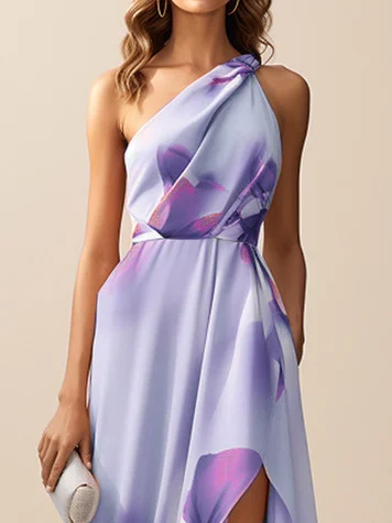 Lavender Purple Asymmetric Printing Classic One Shoulder Sleeveless A-Line Maxi Dress