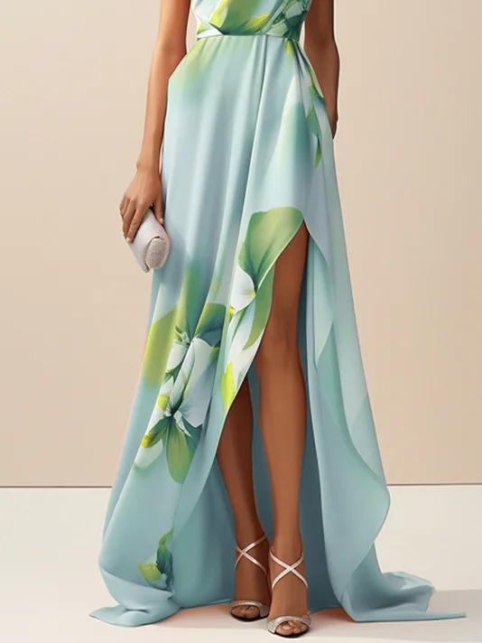 Light Blue Asymmetric Floral Classic One Shoulder Sleeveless A-Line Maxi Dress