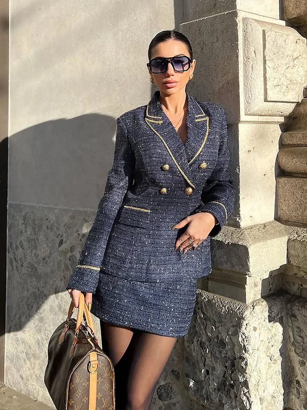 Navy Blue Piping Lapel Collar Long Sleeve Two-Piece Set
