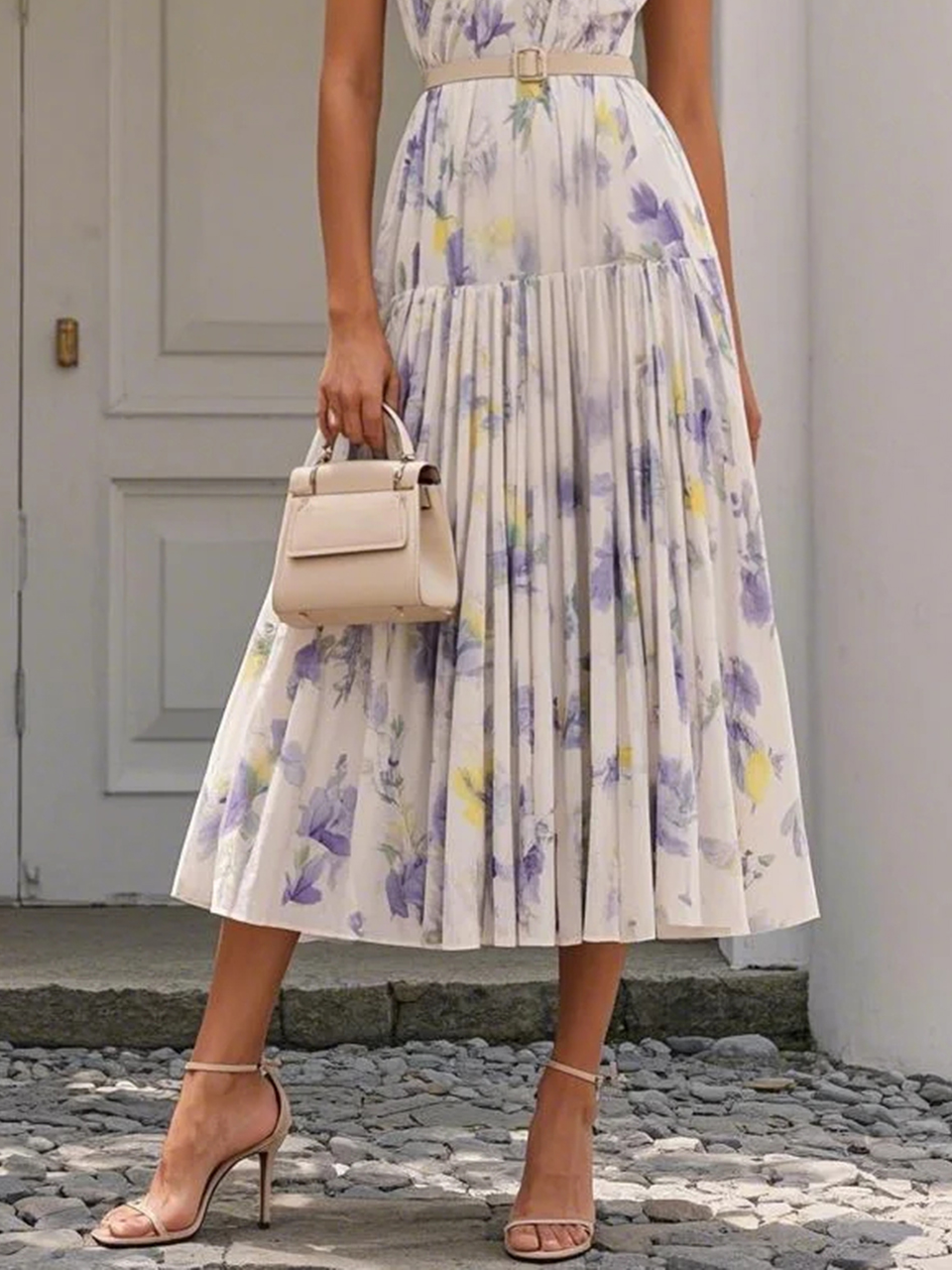 White Chiffon One Shoulder Sleeveless A-Line Midi Dress