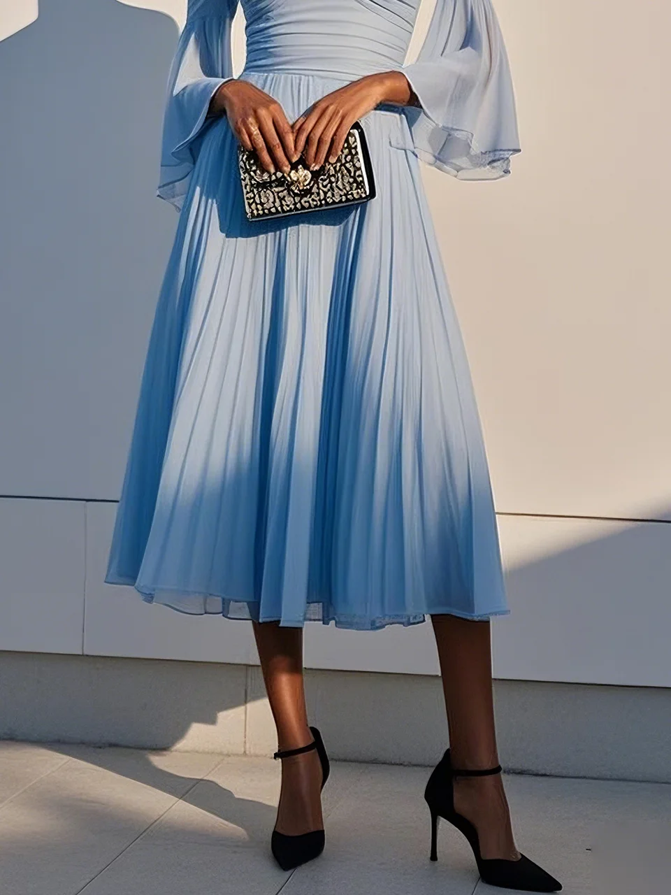 Light Blue Pleated Chiffon Off The Shoulder Half Sleeve Bell Sleeve A-Line Midi Dress