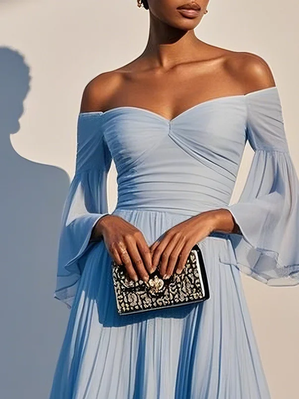 Light Blue Pleated Chiffon Off The Shoulder Half Sleeve Bell Sleeve A-Line Midi Dress