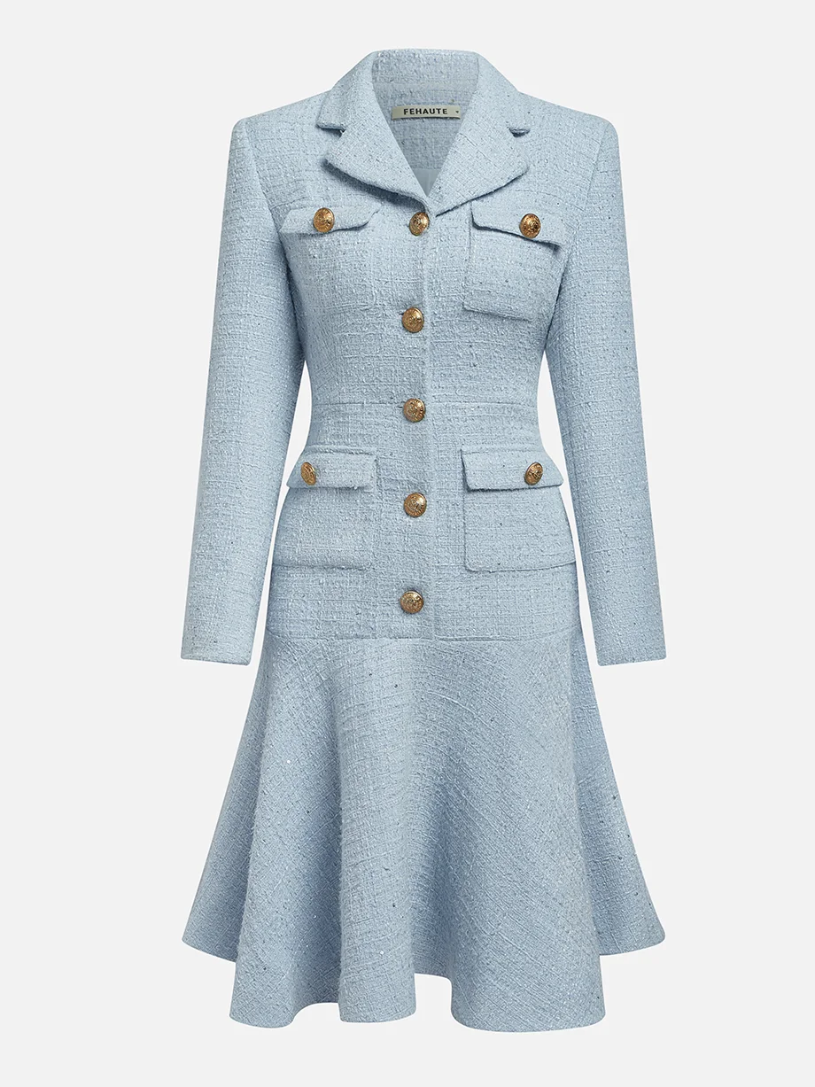 Light Blue Lapel Collar Pocket A-Line Midi Tweed Blazer Dress