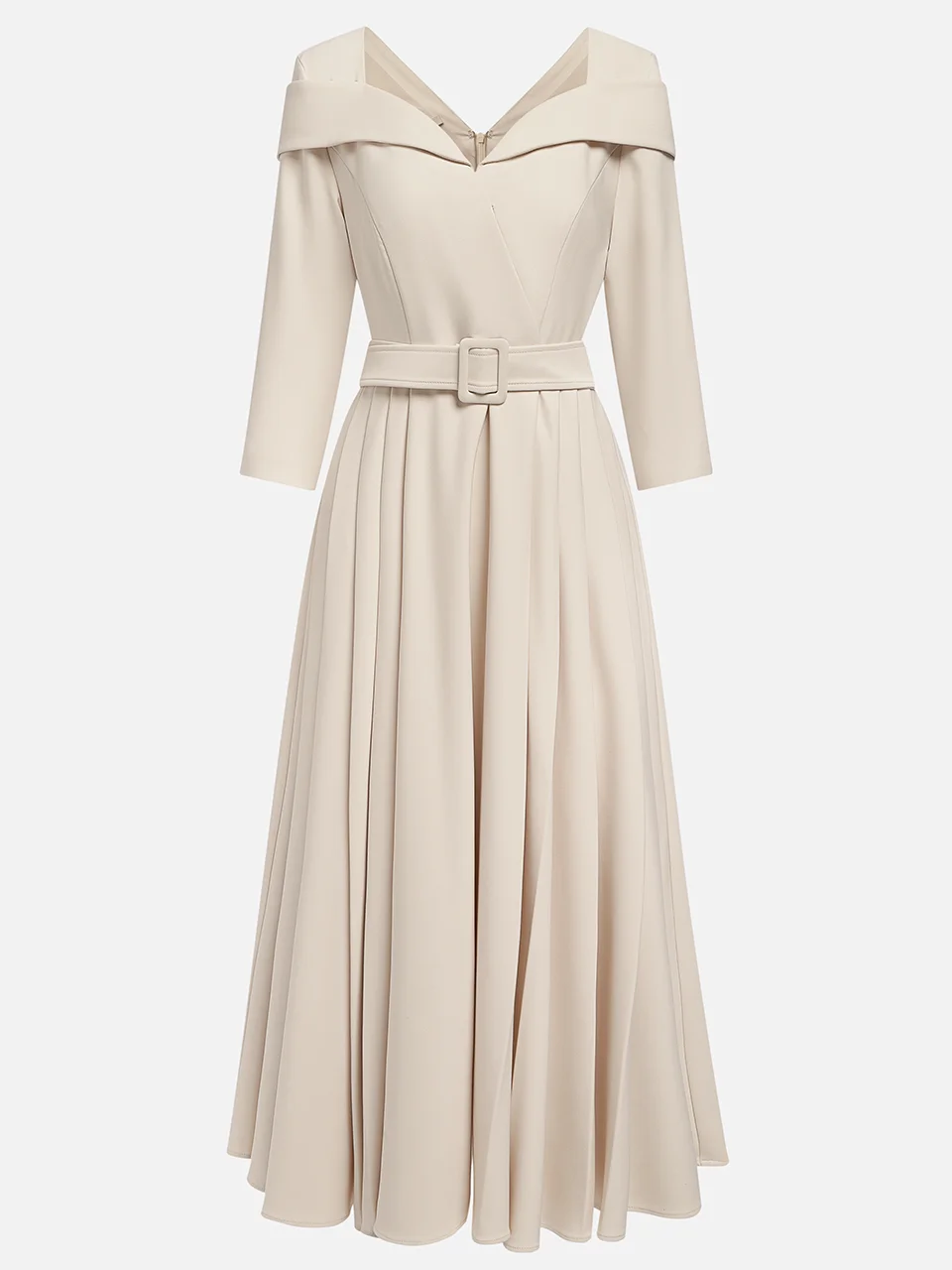 Off White Pleated Ruched Three Quarter Sleeve A-Line Maxi Dress