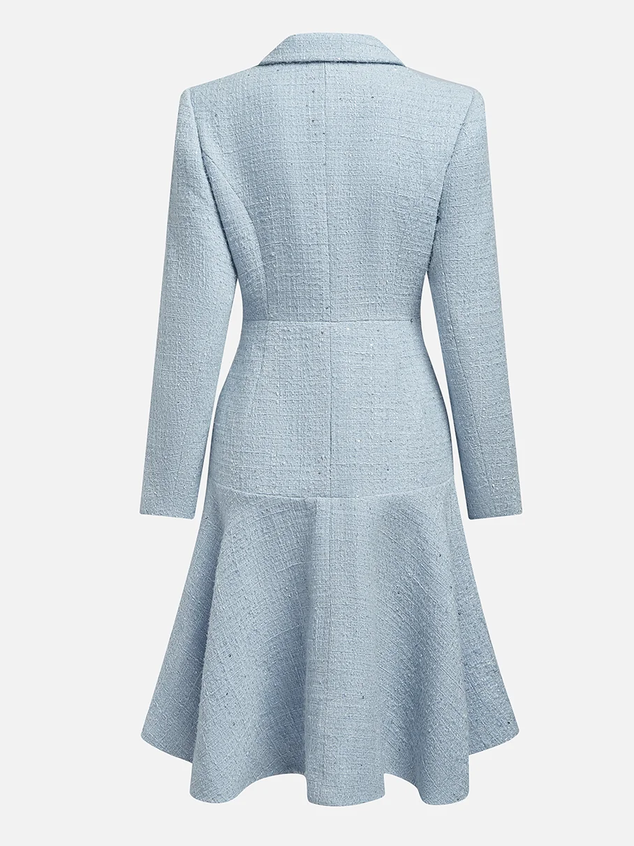 Light Blue Lapel Collar Pocket A-Line Midi Tweed Blazer Dress