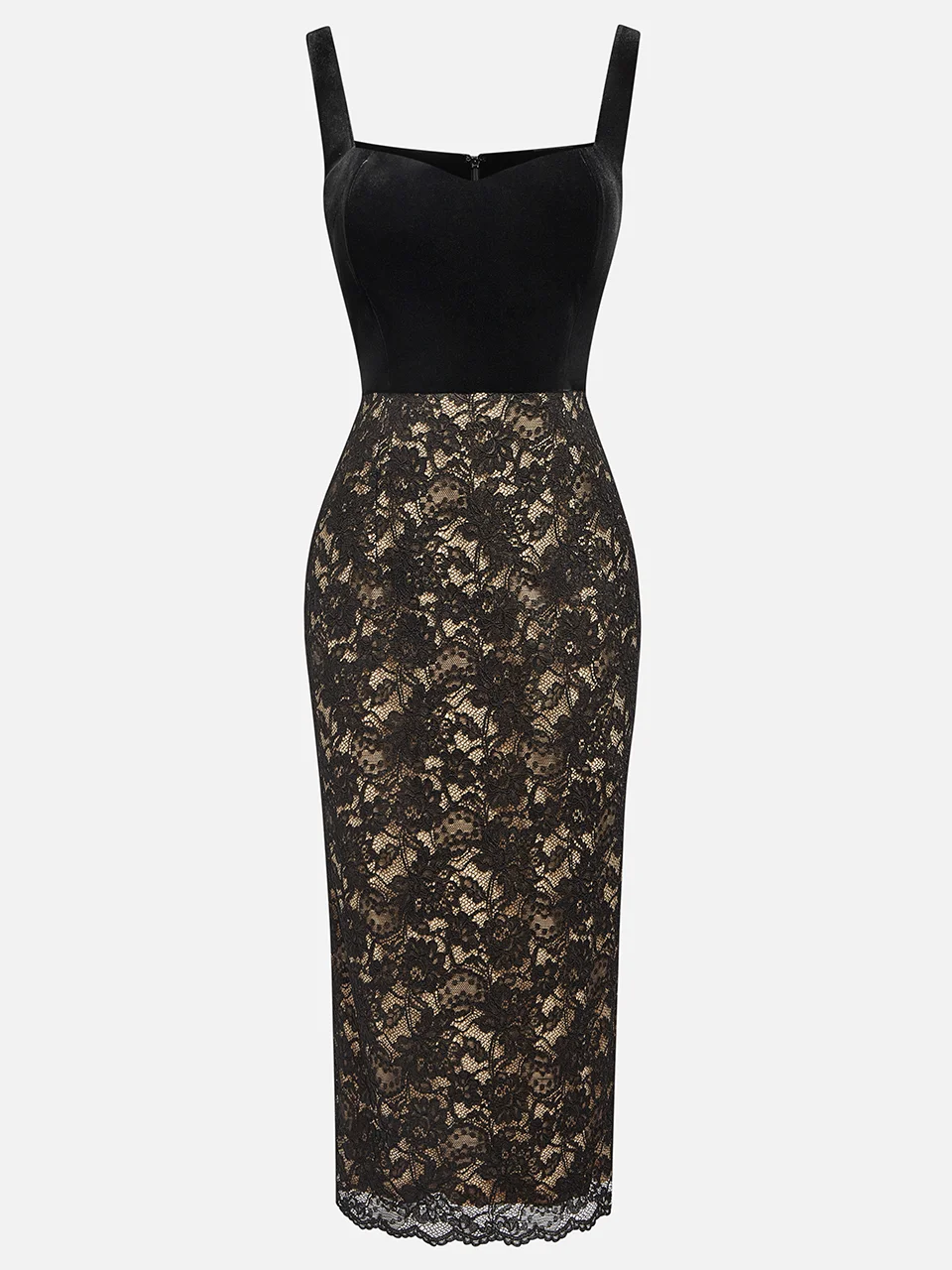 Black Lace Sweetheart Neckline Sheath Midi Velvet Dress