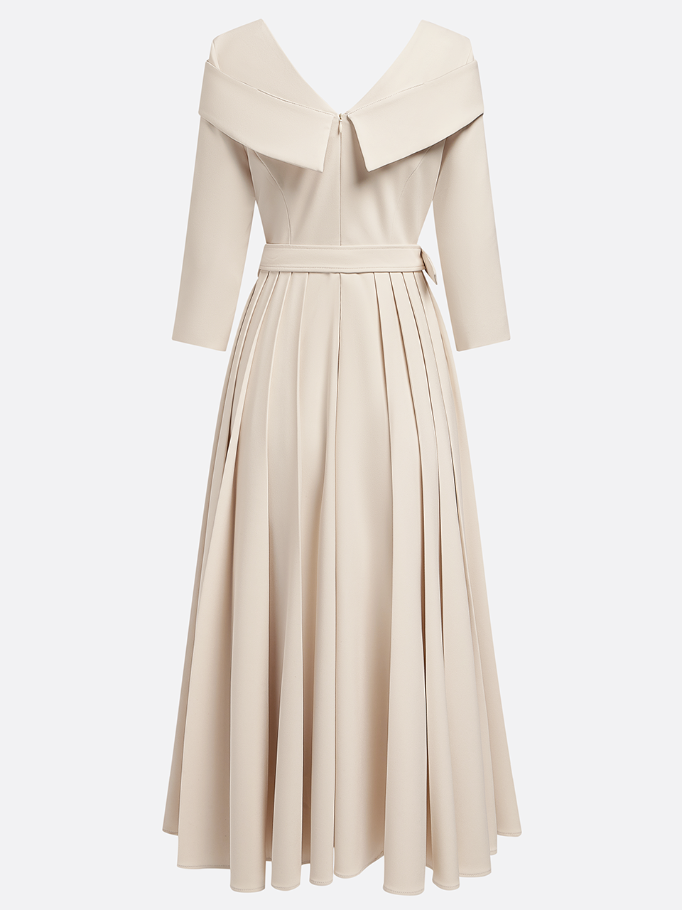 Off White Pleated Ruched Three Quarter Sleeve A-Line Maxi Dress