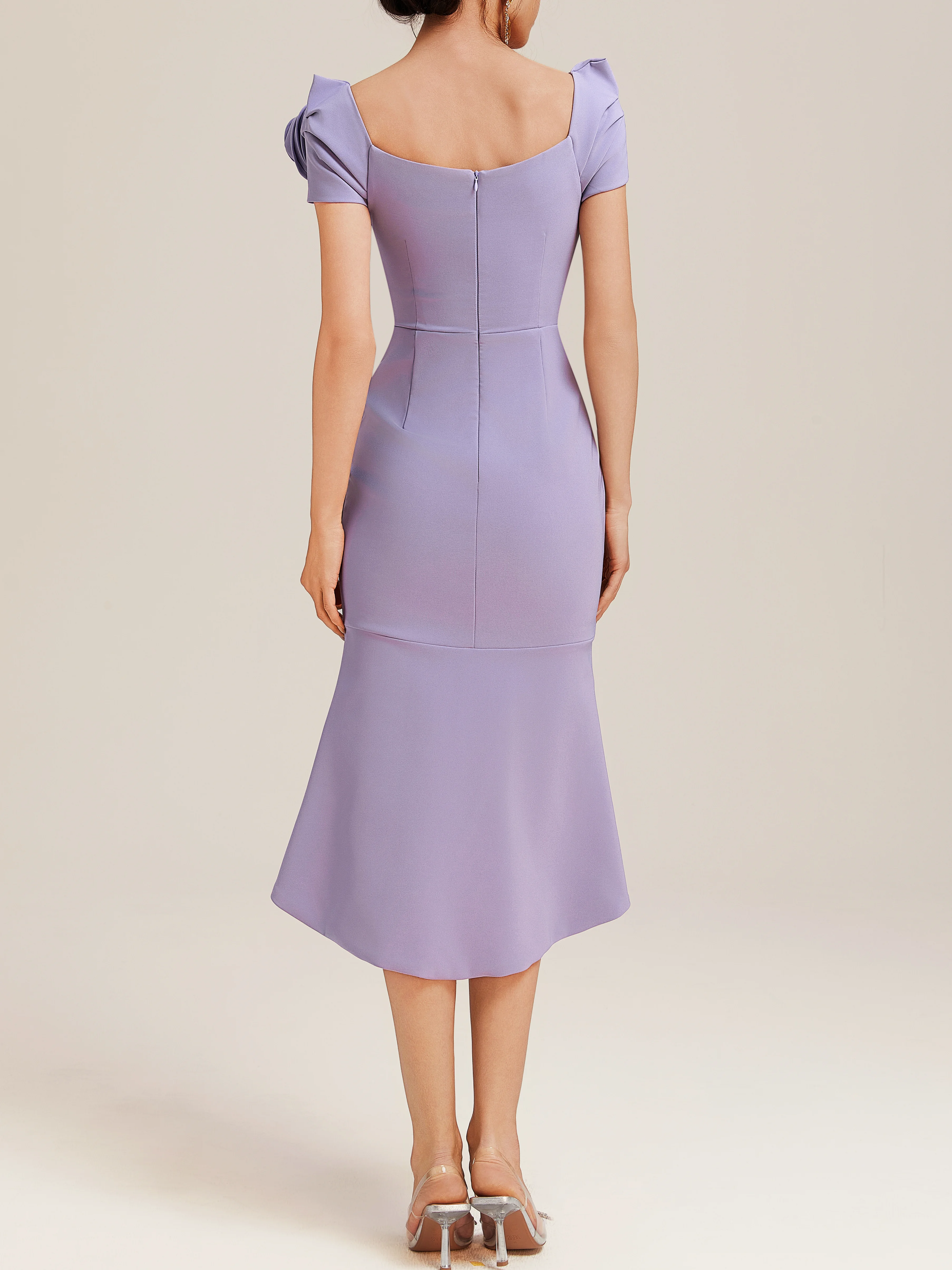 Lavender Purple Ruched 3D Floral Classic V Neck Short Sleeve Sheath Midi Dress