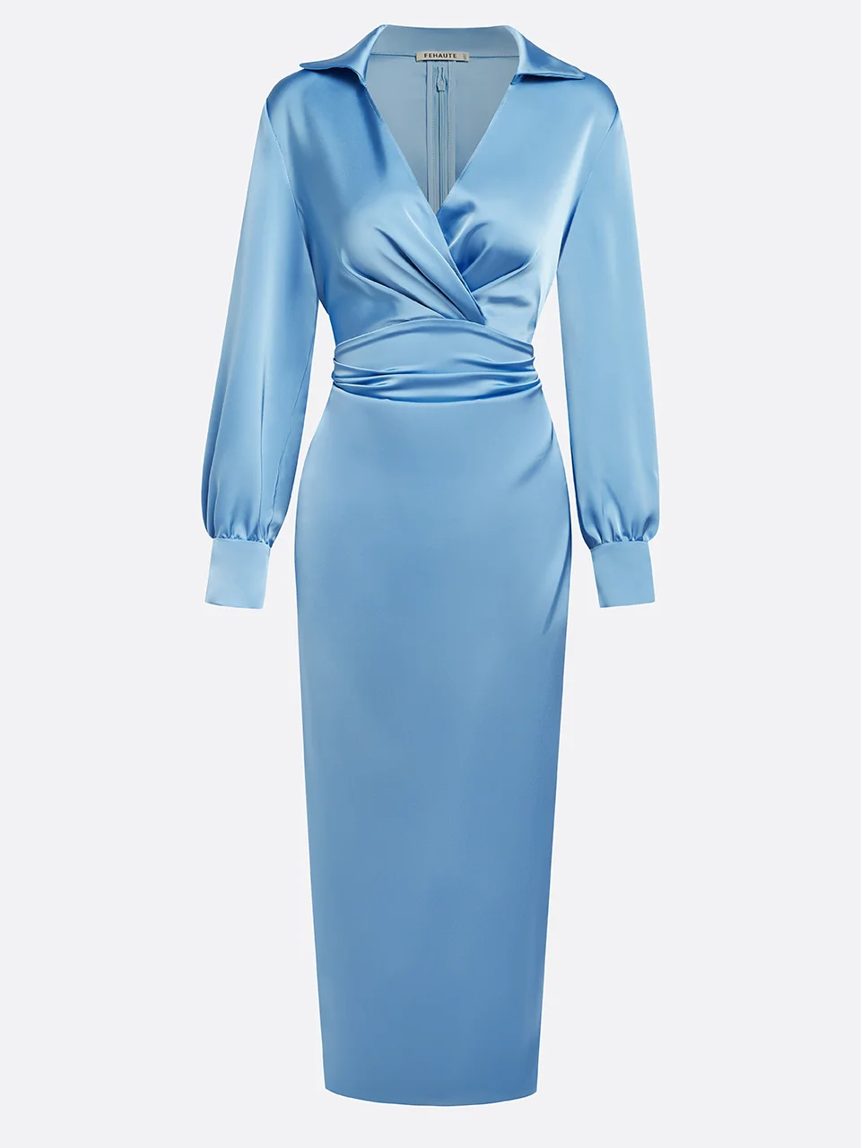 Blue Satin Ruched Shirt Collar Sheath Midi Shirt Dress 