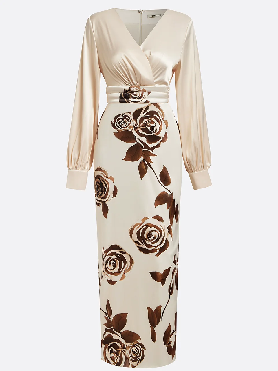 Apricot Floral V Neck Long Puff Sleeve Satin Sheath Maxi Satin Dress