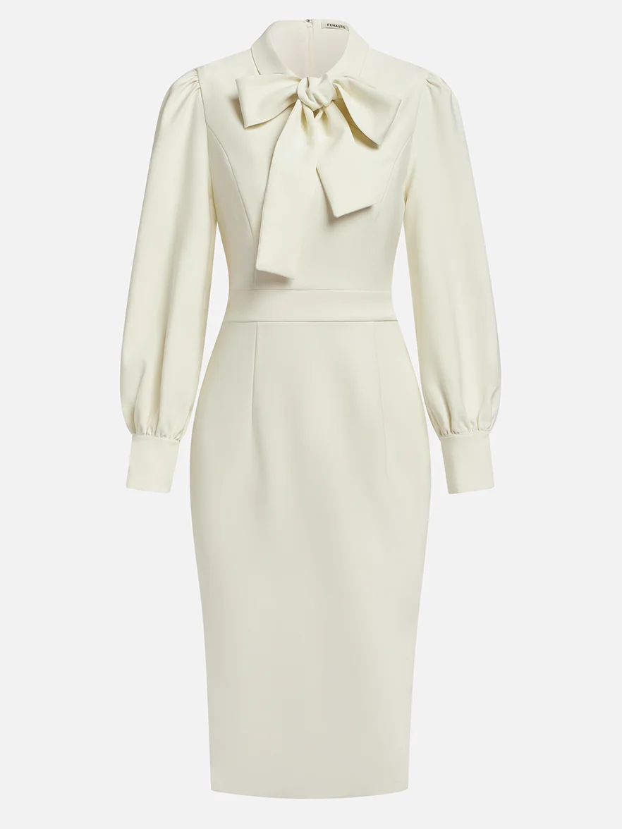Light Blue Bow Neck Long Sleeve Sheath Midi Blazer Dress