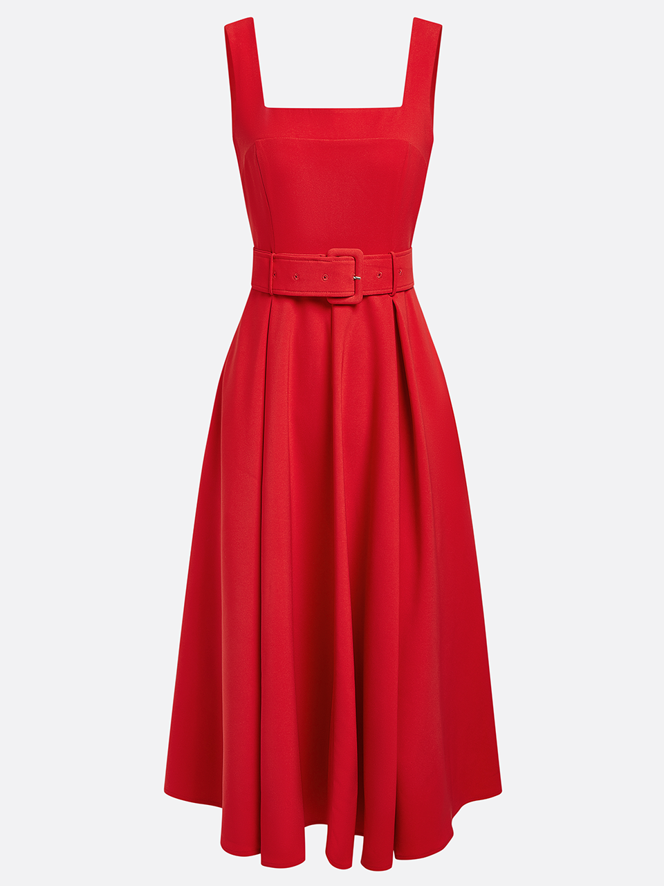 Red Square Neck Sleeveless A-Line Midi Dress