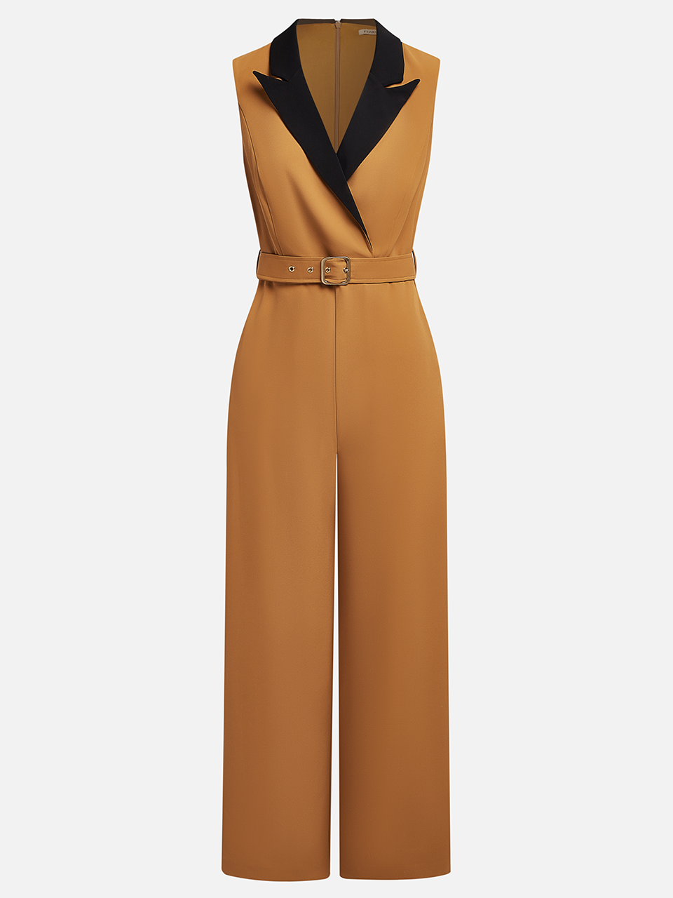 Yellow Brown Shawl Collar Sleeveless Wide-Leg Jumpsuit With Belt