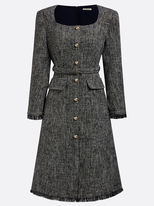 Black Buckle Square Neck Long Sleeve A-Line Midi Tweed Blazer Dress