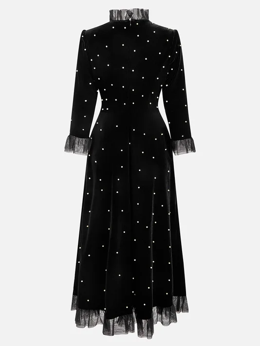 Black Beaded Ruffled Mock Neck Three Quarter Sleeve A-Line Maxi Velvet Dress
