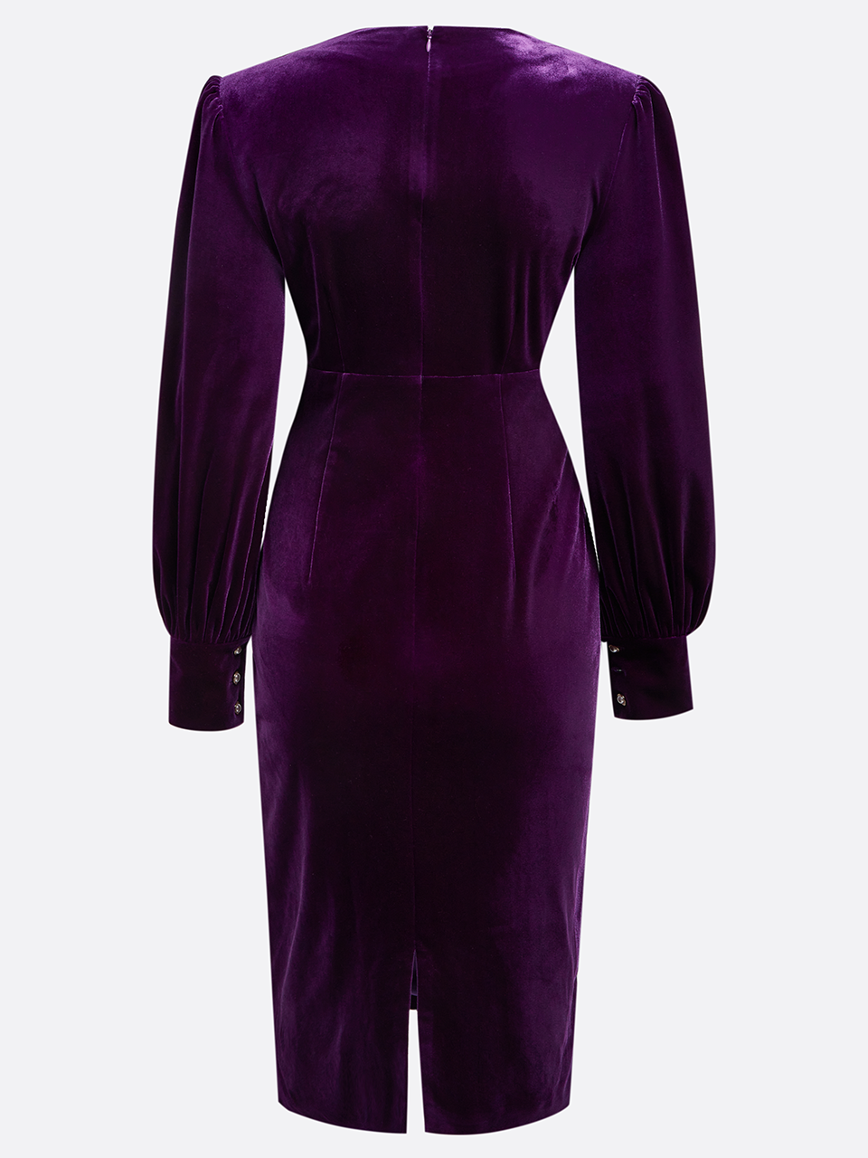 Purple Cross Ruched Velvet V Neck Long Sleeve Puff Sleeve Sheath Midi Dress