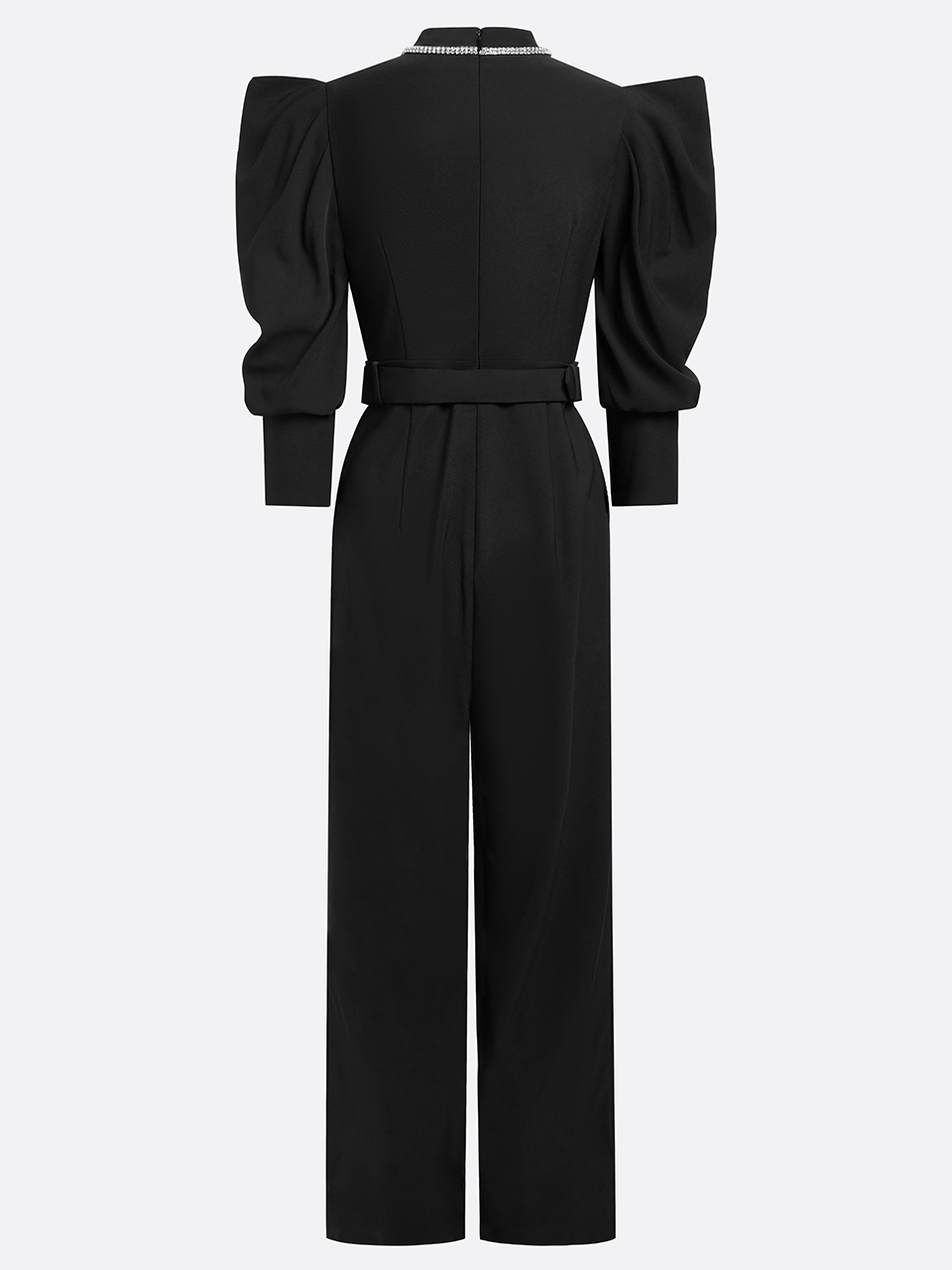 Black Pocket Stitching Puff Sleeve Jumpsuit With Belt