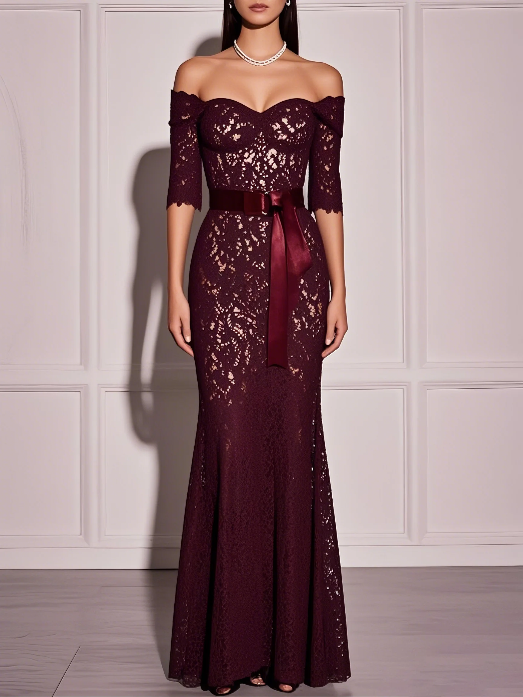 Wine Red Lace Off The Shoulder Half Sleeve Sheath Maxi Dress